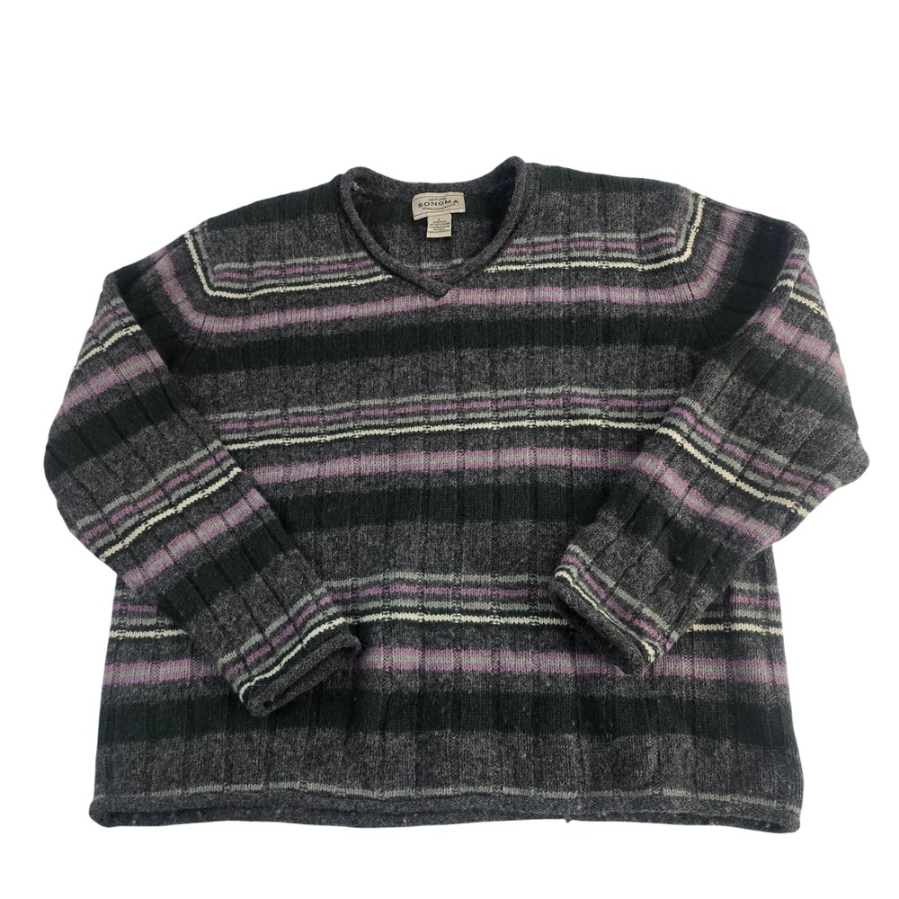 Sonoma Womens Striped‎ Wool V Neck Sweater Gray Purple Cream Knit Large